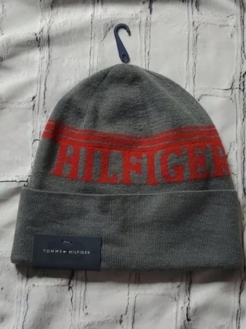 Tommy Hilfiger Grey Red Logo Beanie NWT